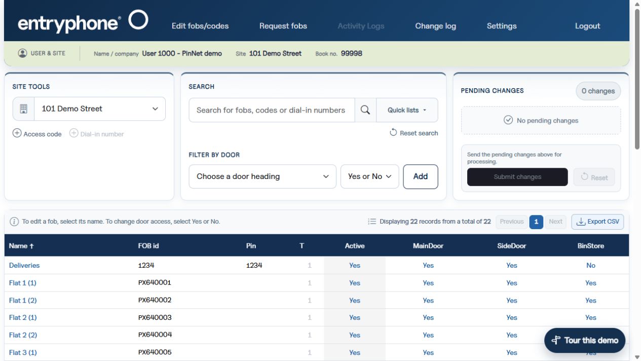 PinNet demo portal showing resident fobs, per-door access permissions, search filters and pending changes