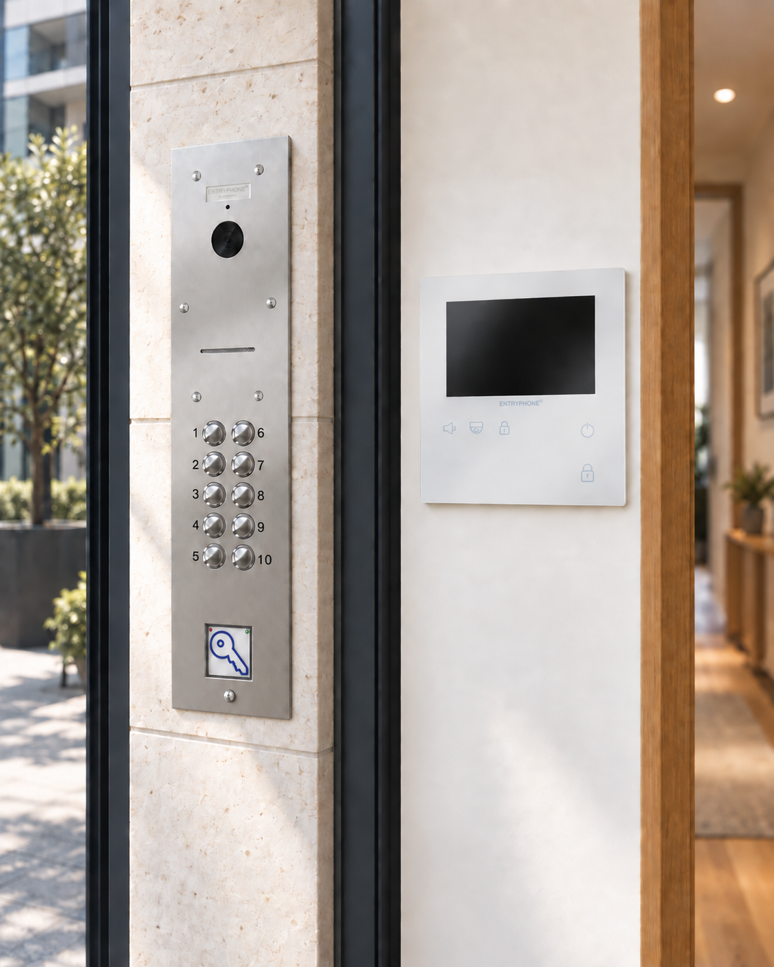 Entryphone entrance panel with integrated PinNet fob reader outside the building, illustrative composite