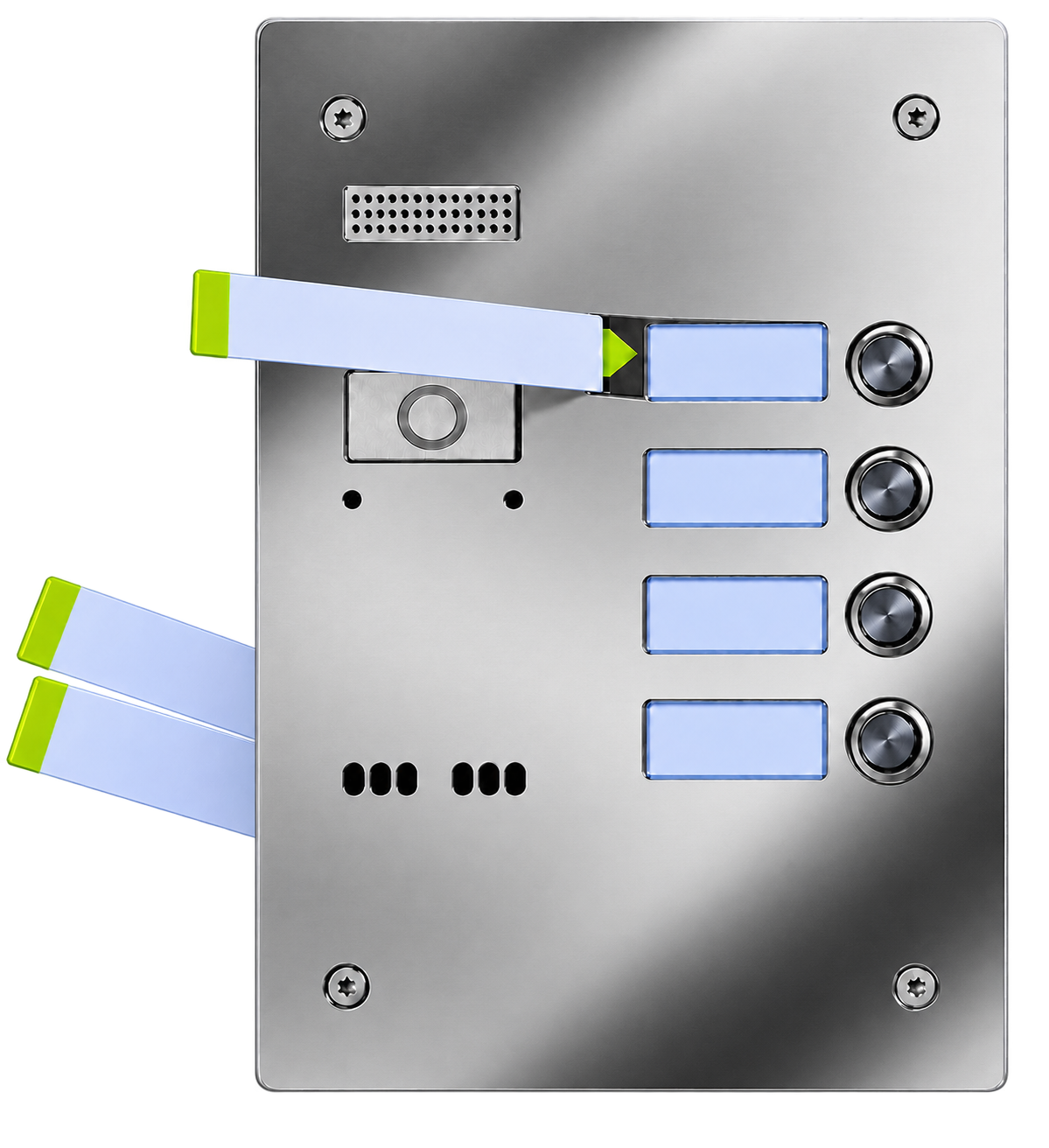 Illustration of a precisely sized label sliding into a flat Entryphone 9200 door panel
